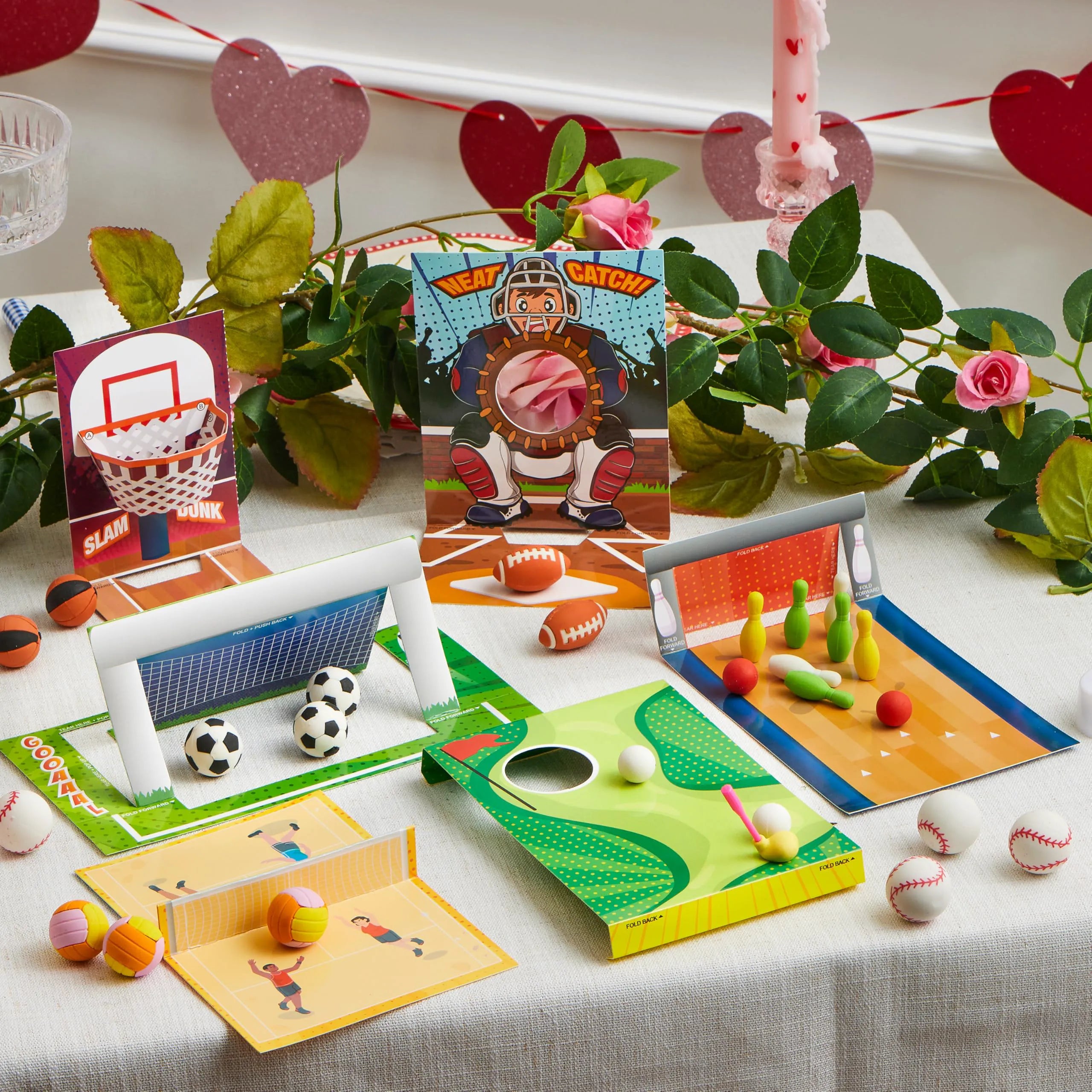 Valentine's Day Sports Party Favors for Kids - 28 Game Cards + 7 Mini Sports Ball Erasers (Football, Basketball, Soccer) | Class Prizes, Goodie Bag Stuffers