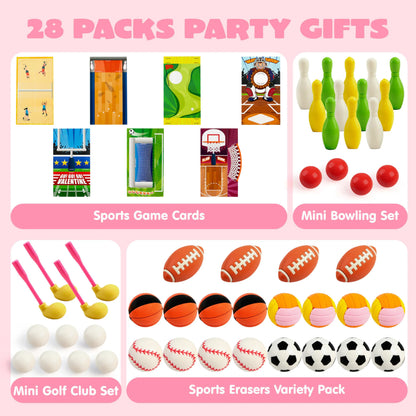 Valentine's Day Sports Party Favors for Kids - 28 Game Cards + 7 Mini Sports Ball Erasers (Football, Basketball, Soccer) | Class Prizes, Goodie Bag Stuffers