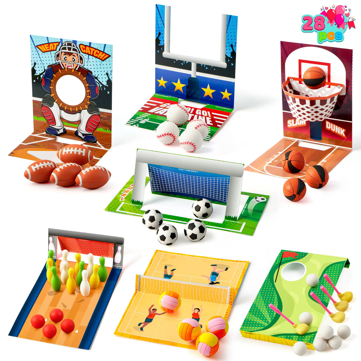 Valentine's Day Sports Party Favors for Kids - 28 Game Cards + 7 Mini Sports Ball Erasers (Football, Basketball, Soccer) | Class Prizes, Goodie Bag Stuffers
