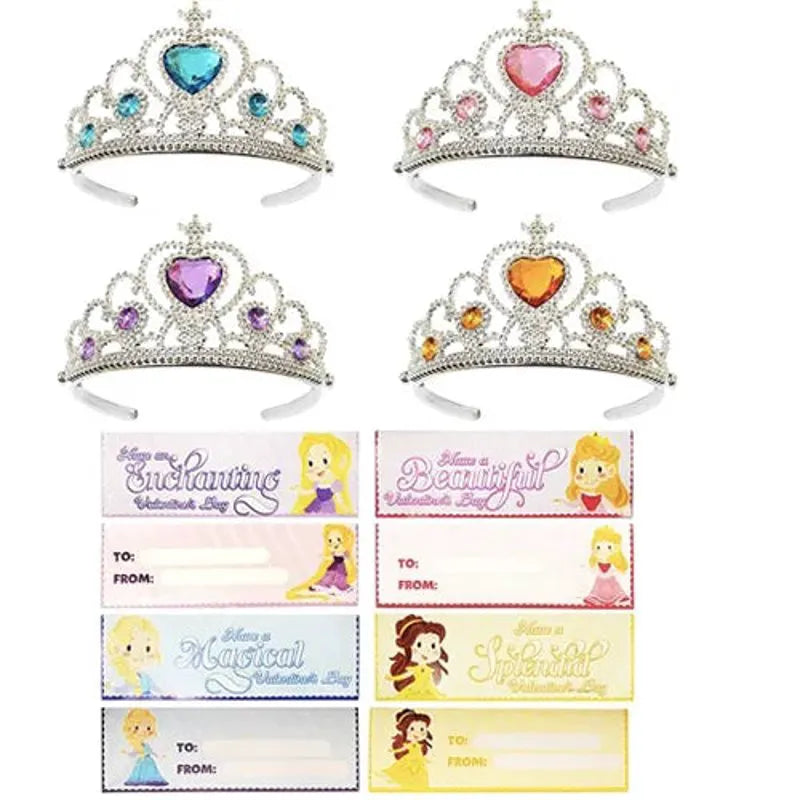 28 Pcs Valentine's Day Cards for Kids with Princess Crown Headbands