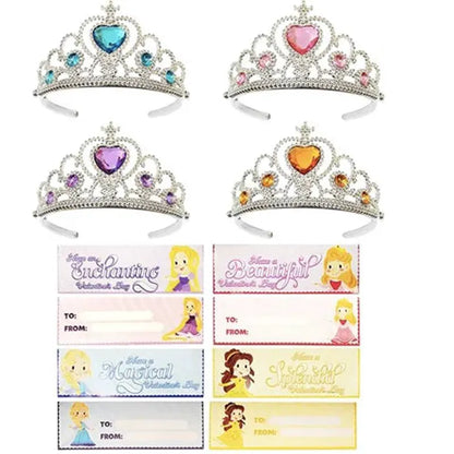 28 Pcs Valentine's Day Cards for Kids with Princess Crown Headbands