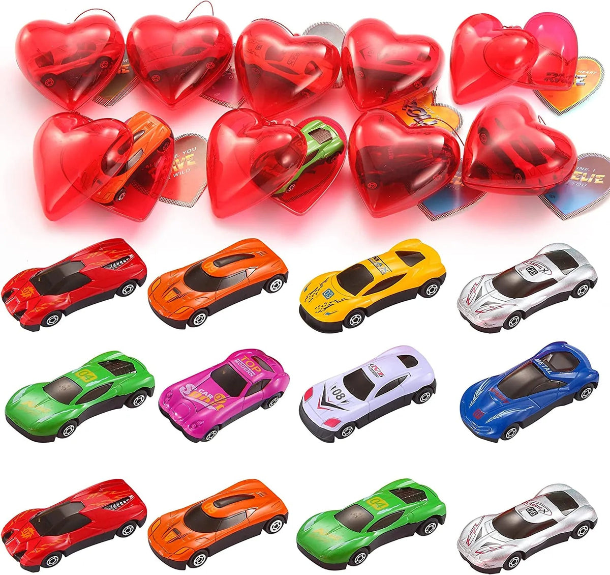 28 Prefilled Hearts with Die-Cast Cars and Valentine's Day Cards for Kids - Classroom Exchange Gifts