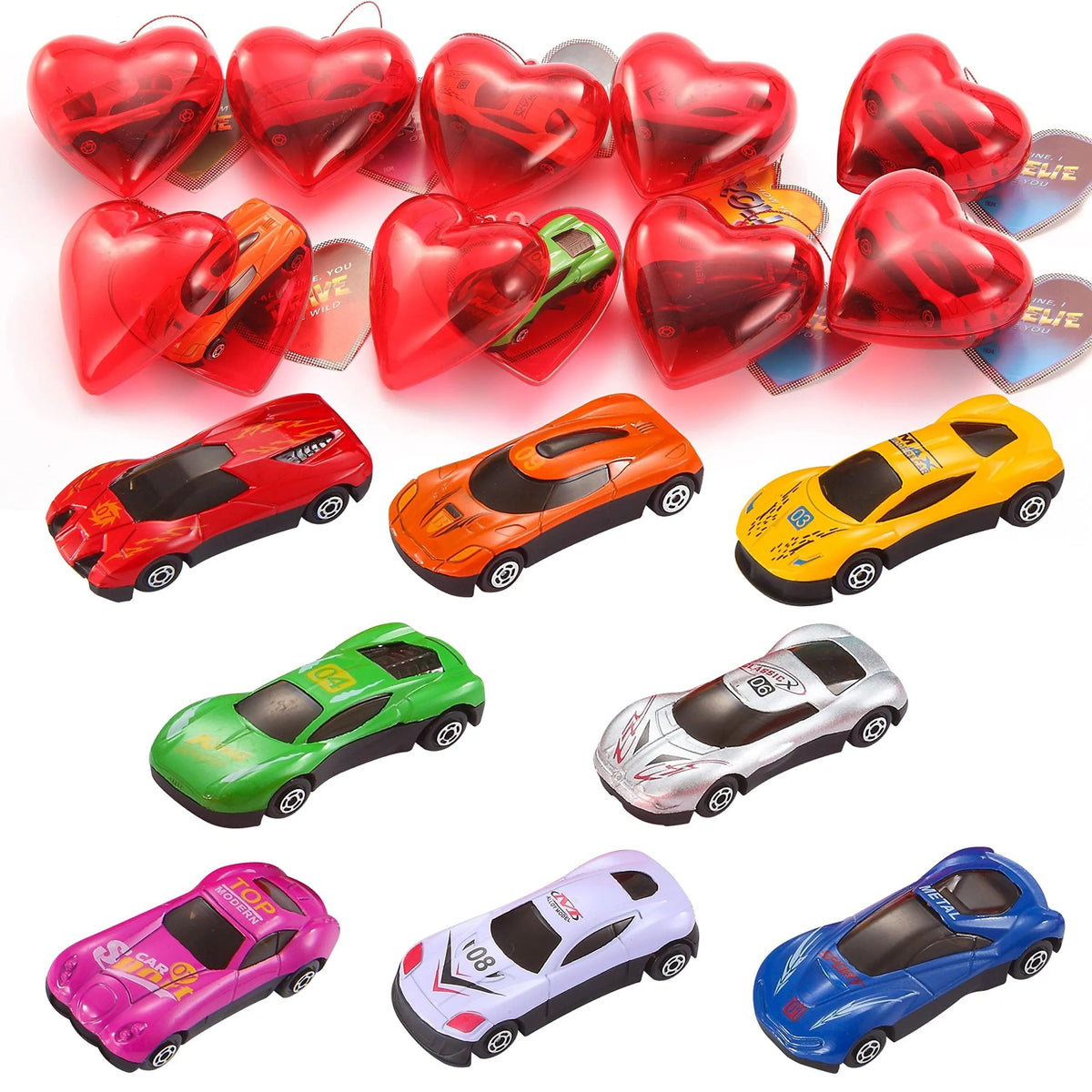 28 Prefilled Hearts with Die-Cast Cars and Valentine's Day Cards for Kids - Classroom Exchange Gifts