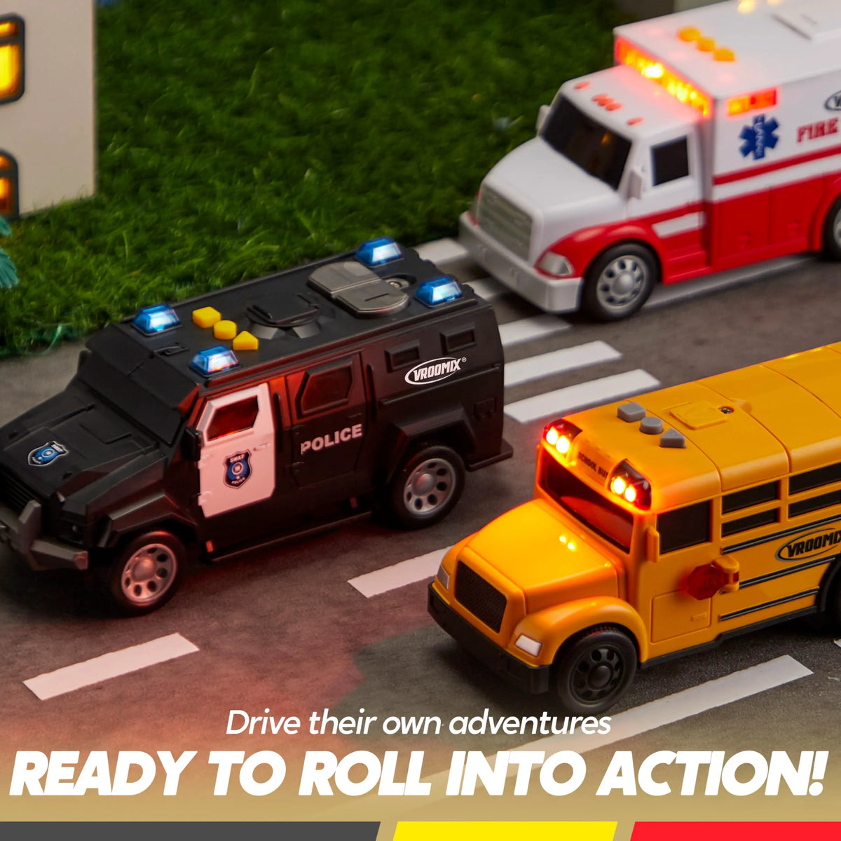 Vroomix 3-Pack Emergency & School Bus Toy Set - Friction Powered with Lights and Sounds, Educational Toy for Kids 3+