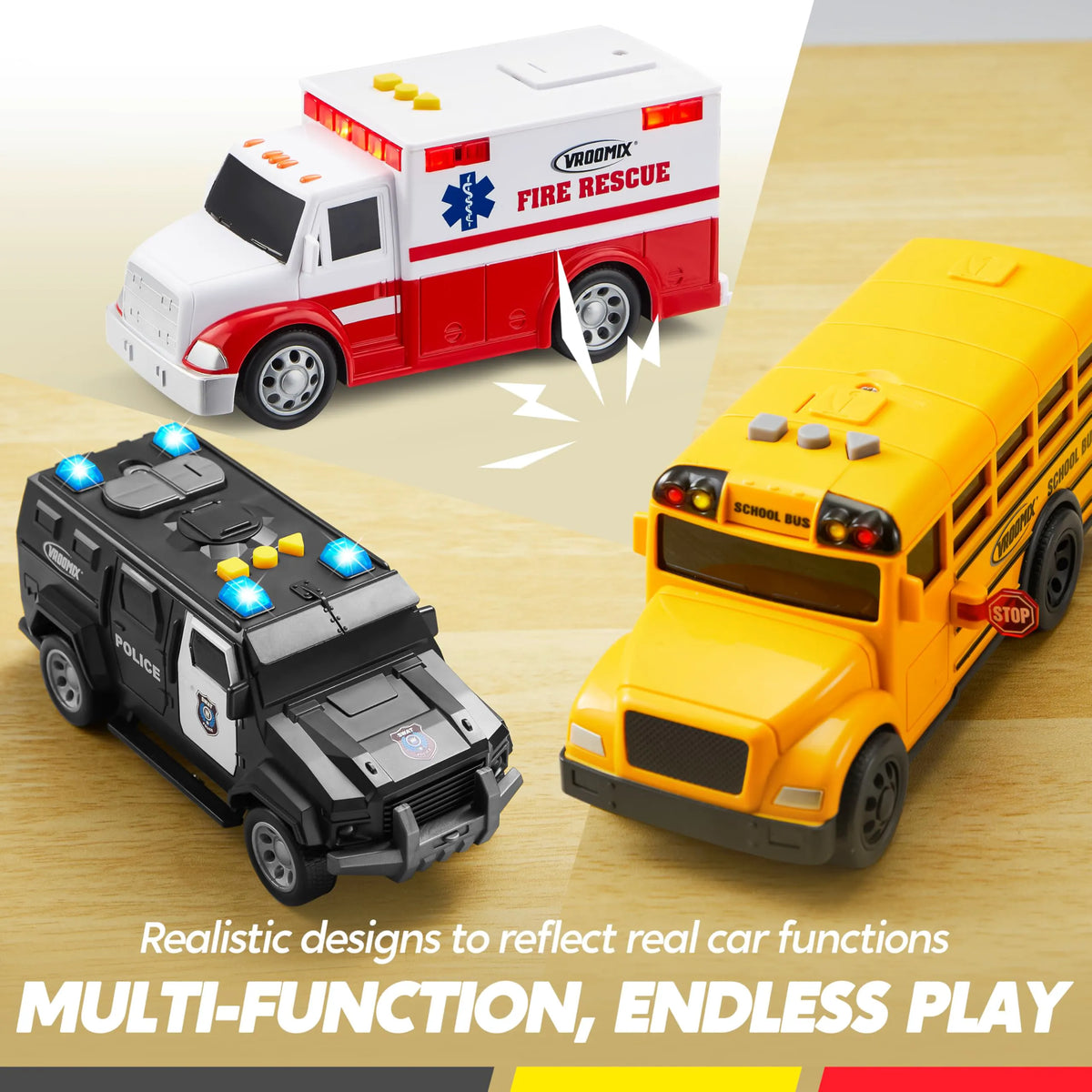 Vroomix 3-Pack Emergency & School Bus Toy Set - Friction Powered with Lights and Sounds, Educational Toy for Kids 3+