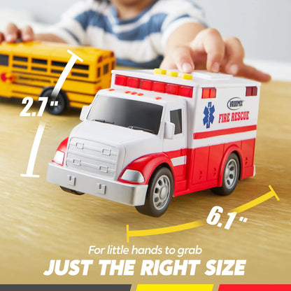 Vroomix 3-Pack Emergency & School Bus Toy Set - Friction Powered with Lights and Sounds, Educational Toy for Kids 3+