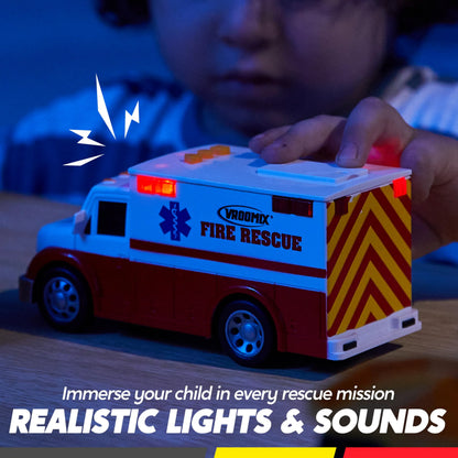 Vroomix 3-Pack Emergency & School Bus Toy Set - Friction Powered with Lights and Sounds, Educational Toy for Kids 3+