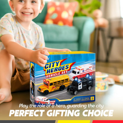 Vroomix 3-Pack Emergency & School Bus Toy Set - Friction Powered with Lights and Sounds, Educational Toy for Kids 3+