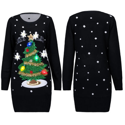 Women's Ugly Christmas Sweater Dress with 3D Tree & Lights