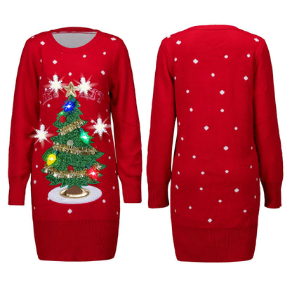 Women's Ugly Christmas Sweater Dress with 3D Tree & Lights
