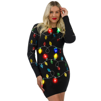 Women's Black Long Christmas Sweater Dress with Colorful Light-Up Bulbs