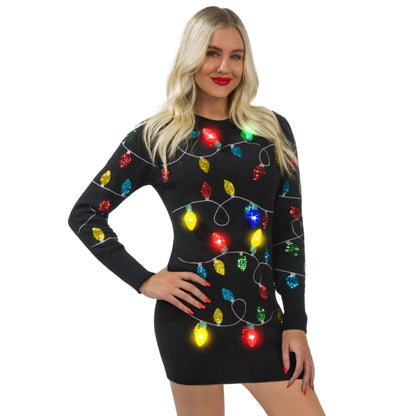 Women's Black Long Christmas Sweater Dress with Colorful Light-Up Bulbs