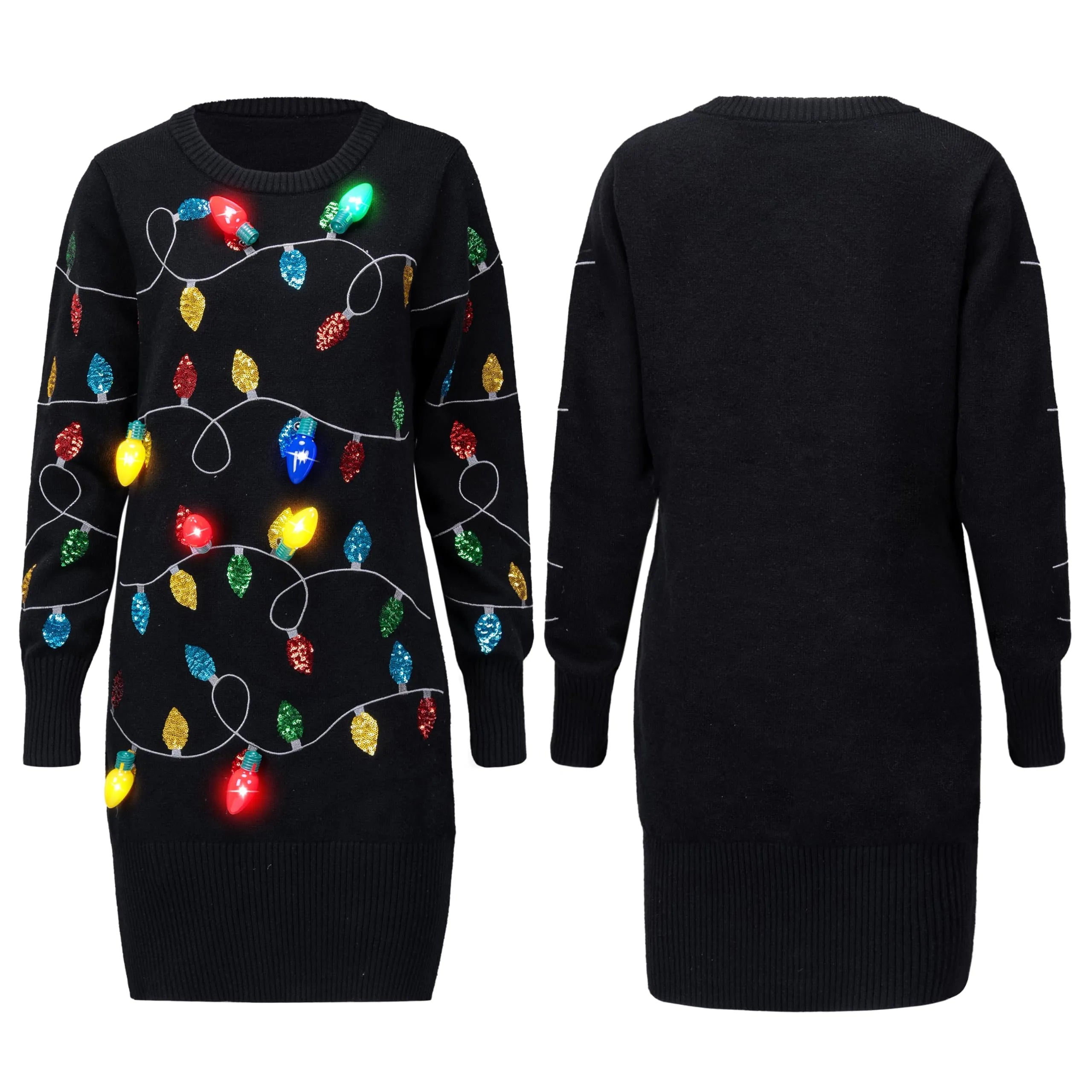 Women's Black Long Christmas Sweater Dress with Colorful Light-Up Bulbs