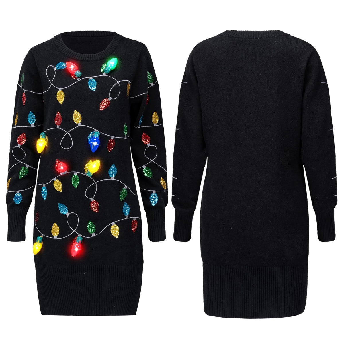 Women's Black Long Christmas Sweater Dress with Colorful Light-Up Bulbs