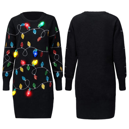 Women's Black Long Christmas Sweater Dress with Colorful Light-Up Bulbs