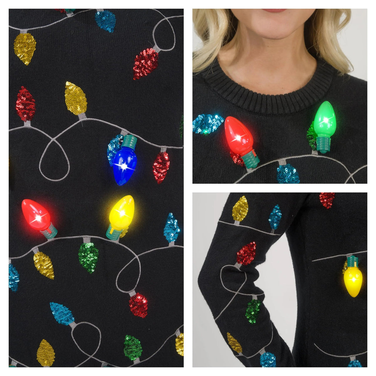 Women's Black Long Christmas Sweater Dress with Colorful Light-Up Bulbs