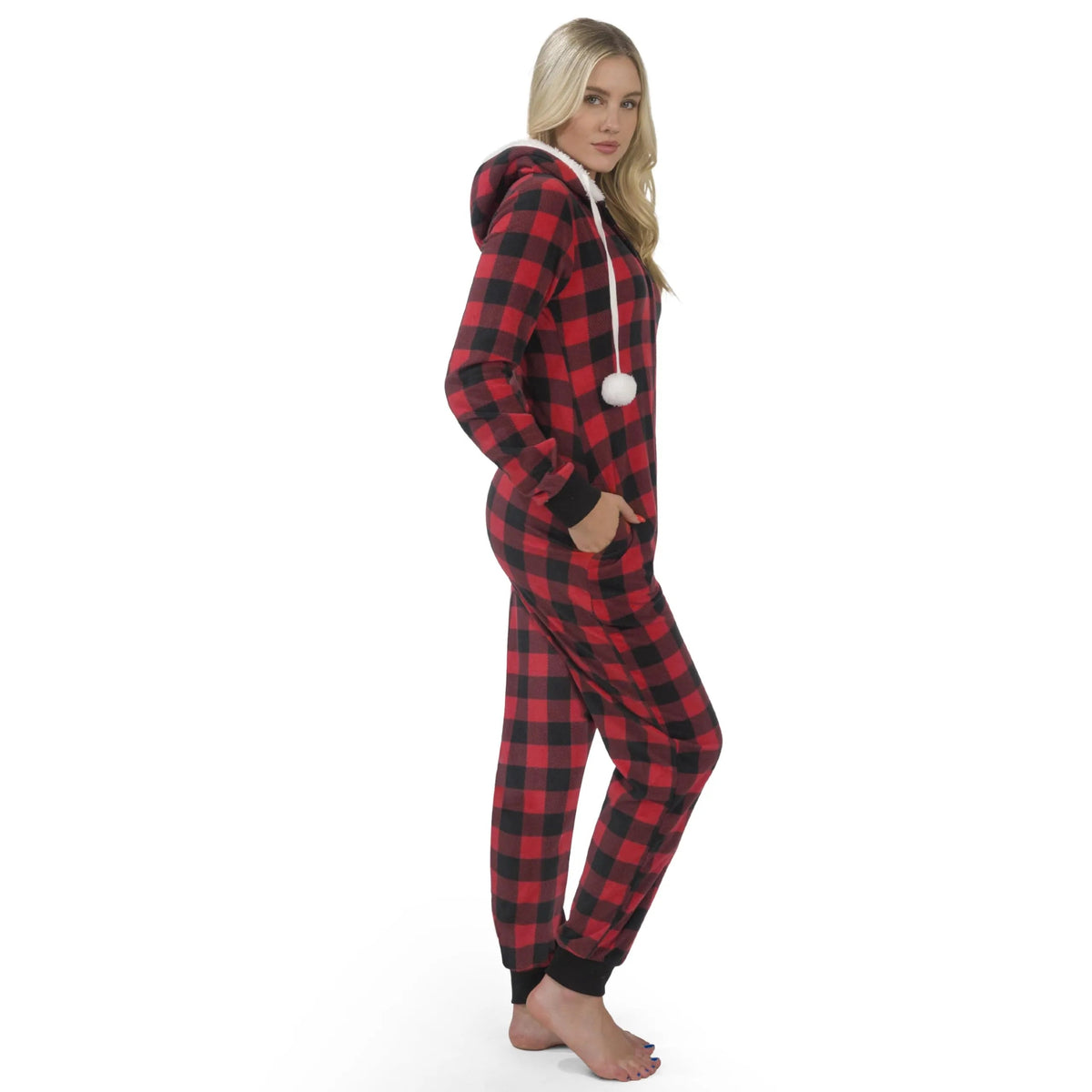 Women's Red Plaid Flannel Pajama Set with Hooded Sherpa-Lined Jacket