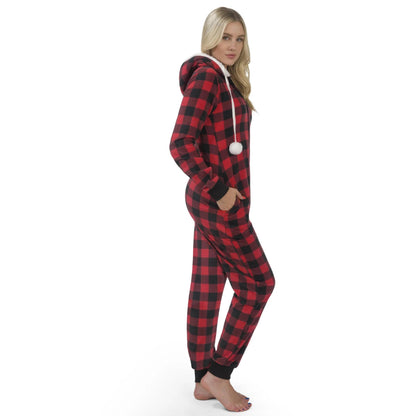 Women's Red Plaid Flannel Pajama Set with Hooded Sherpa-Lined Jacket