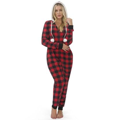 Women's Red Plaid Flannel Pajama Set with Hooded Sherpa-Lined Jacket