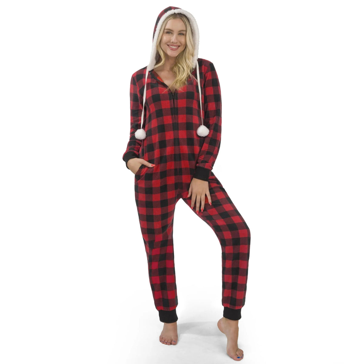 Women's Red Plaid Flannel Pajama Set with Hooded Sherpa-Lined Jacket