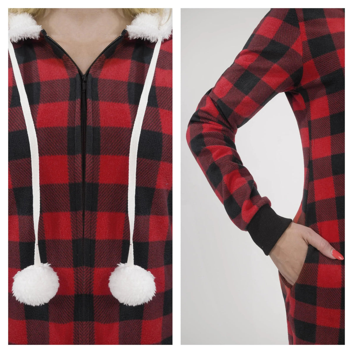 Women's Red Plaid Flannel Pajama Set with Hooded Sherpa-Lined Jacket