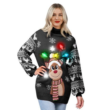 Women's Christmas Reindeer LED Light Up Ugly Sweater
