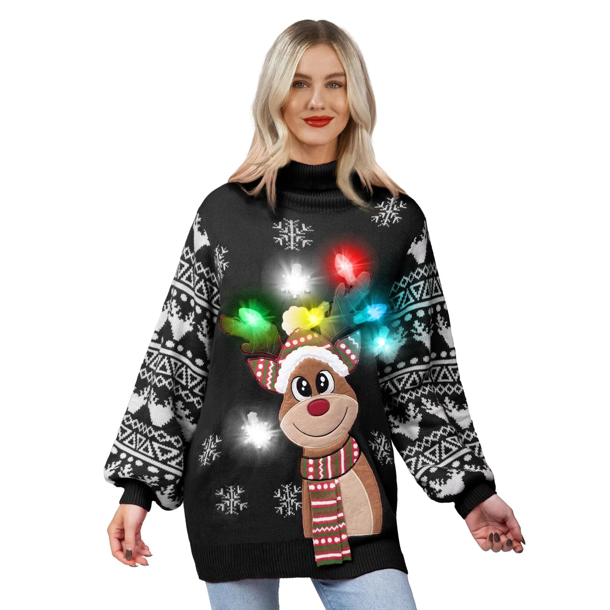 Women's Christmas Reindeer LED Light Up Ugly Sweater