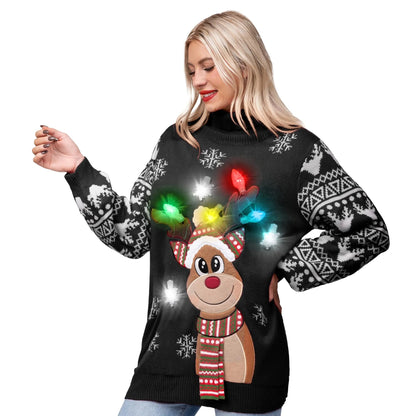Women's Christmas Reindeer LED Light Up Ugly Sweater