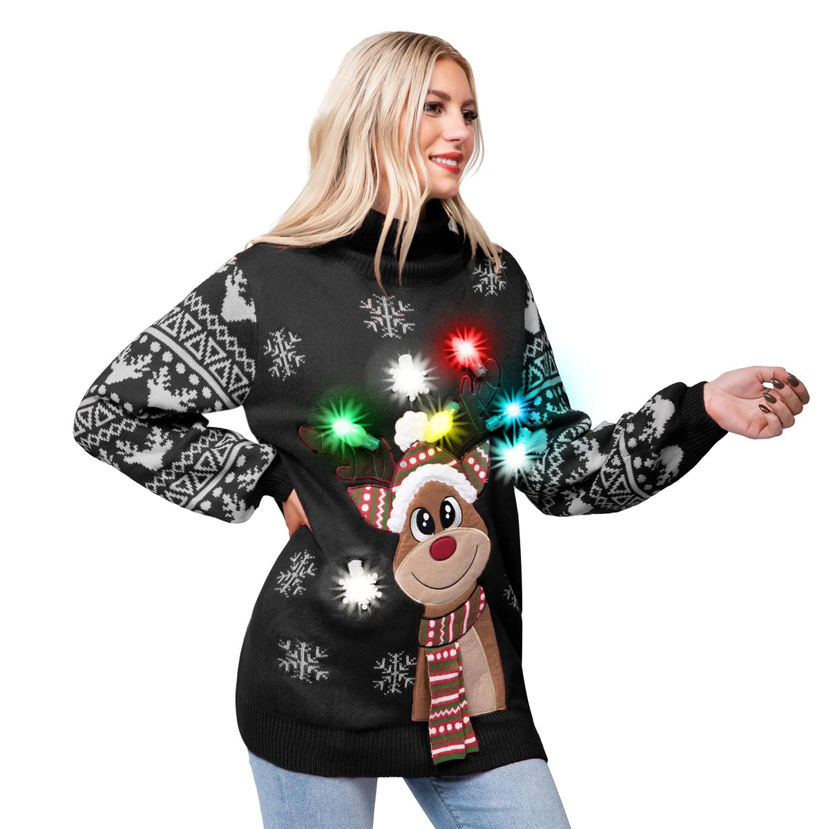 Women's Christmas Reindeer LED Light Up Ugly Sweater