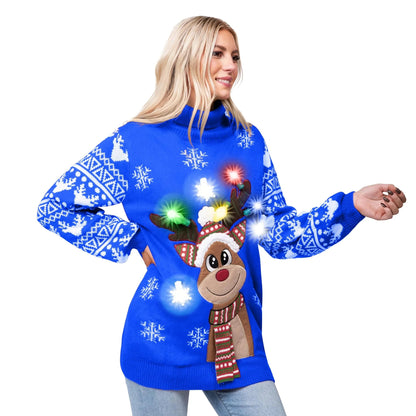 Women's Christmas Reindeer LED Light-Up Ugly Sweater