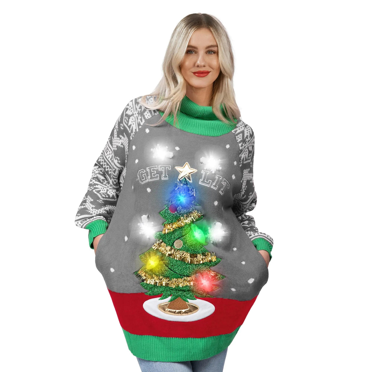 Women's LED Light-Up Ugly Christmas Tree Long Sweater
