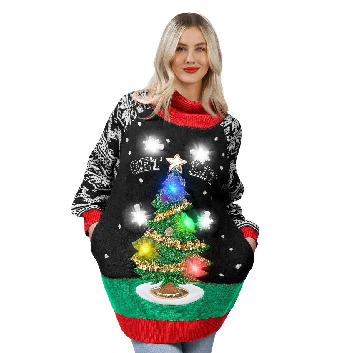 Women's LED Light-Up Ugly Christmas Tree Long Sweater
