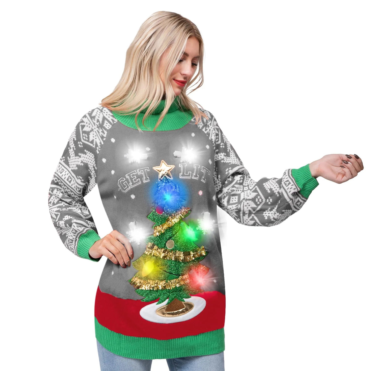 Women's LED Light-Up Ugly Christmas Tree Long Sweater