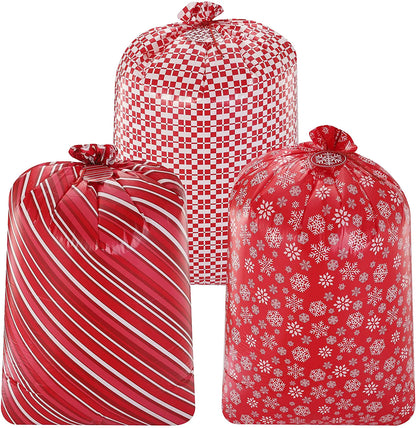 Large Red Holiday Plastic Gift Bags (3-Pack)