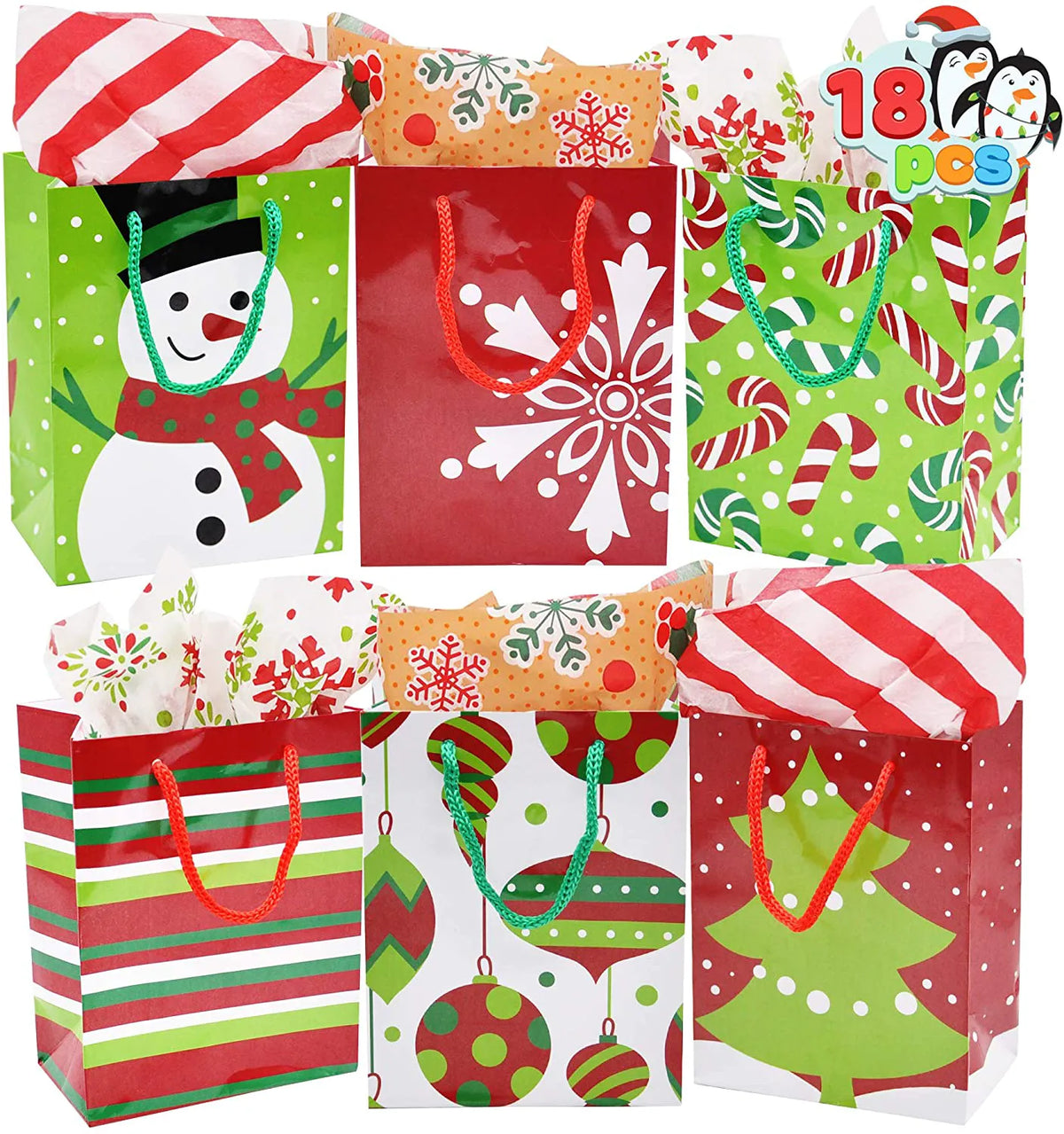 18 Pack Christmas Gift Bags - Holiday Paper Gift Bags