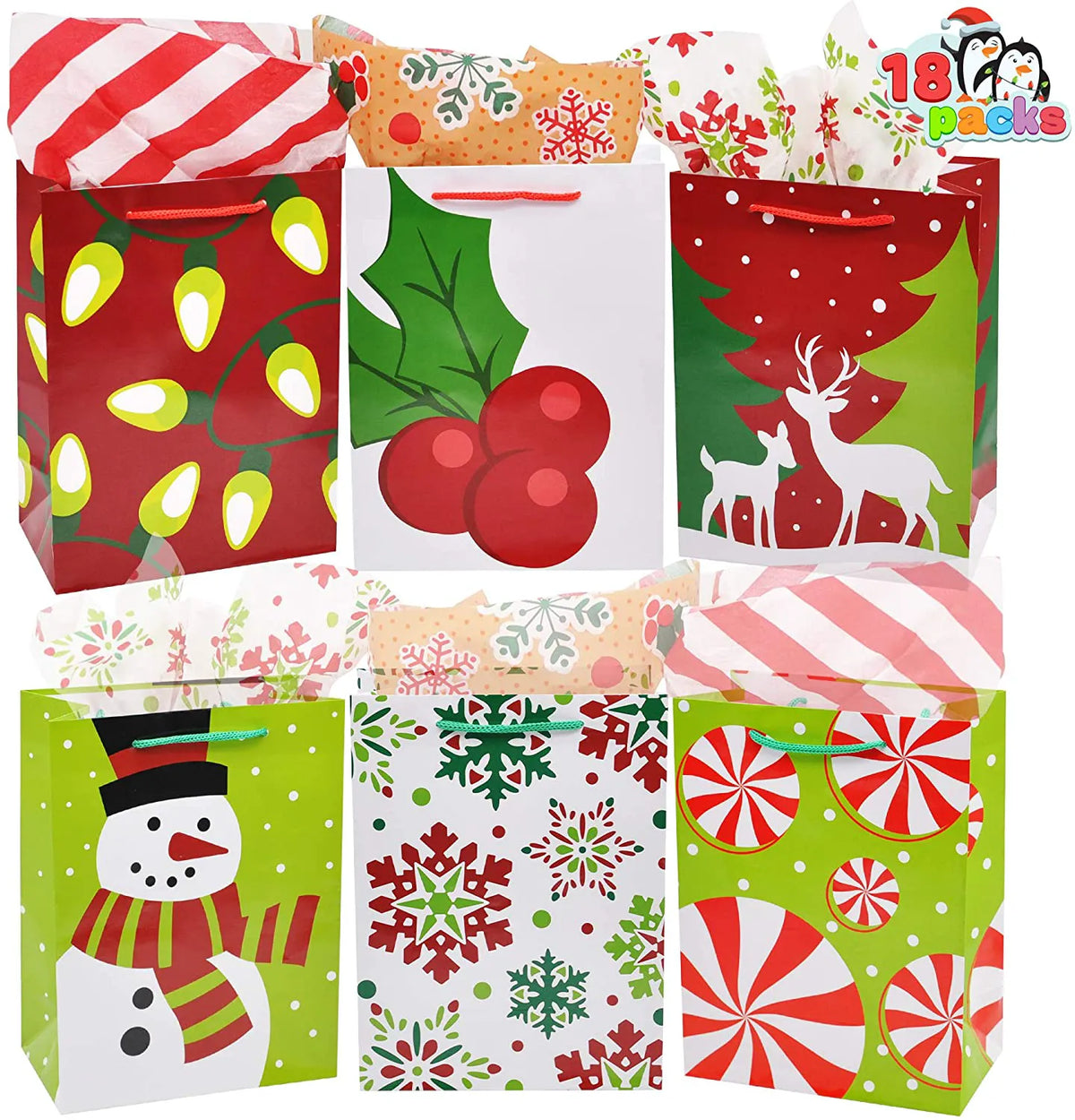 18-Pack Christmas Gift Bags with Handles, Holiday Paper Goody Bags