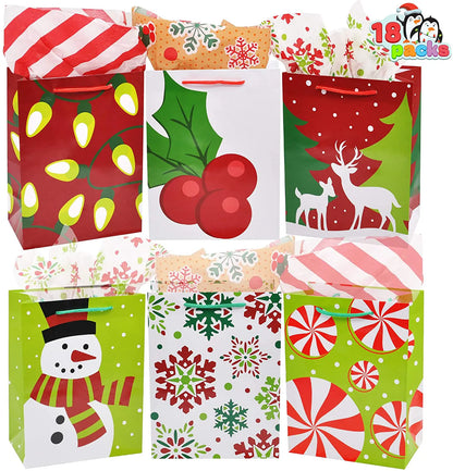 18-Pack Christmas Gift Bags with Handles, Holiday Paper Goody Bags