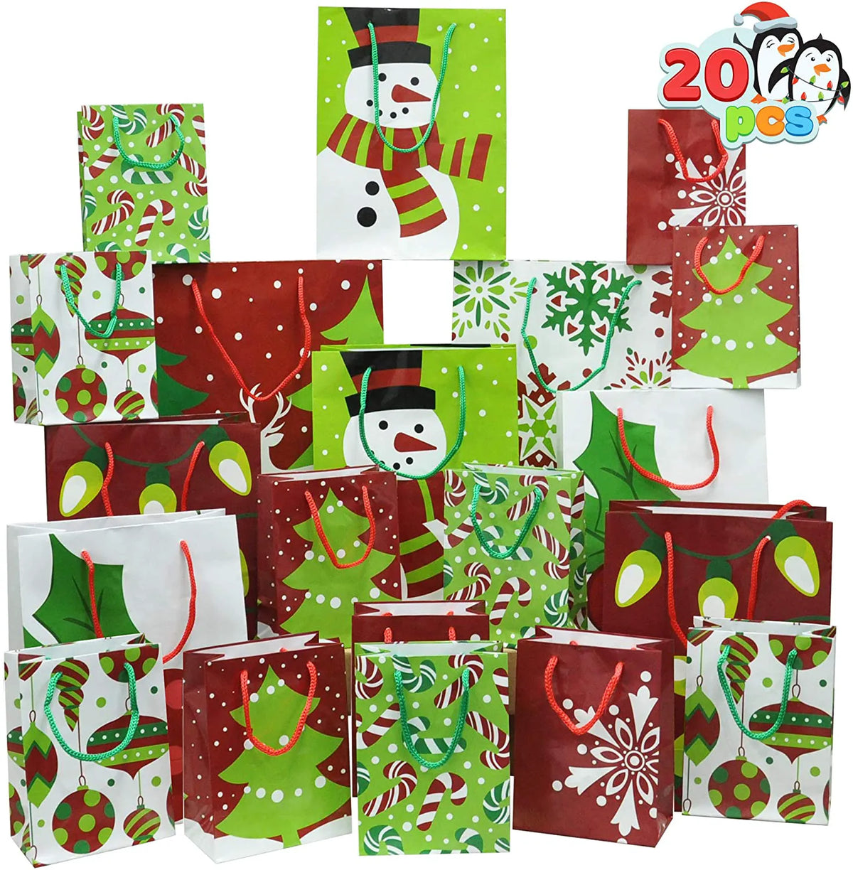 20-Pack Christmas Goody Gift Bags with Handles, Assorted Sizes