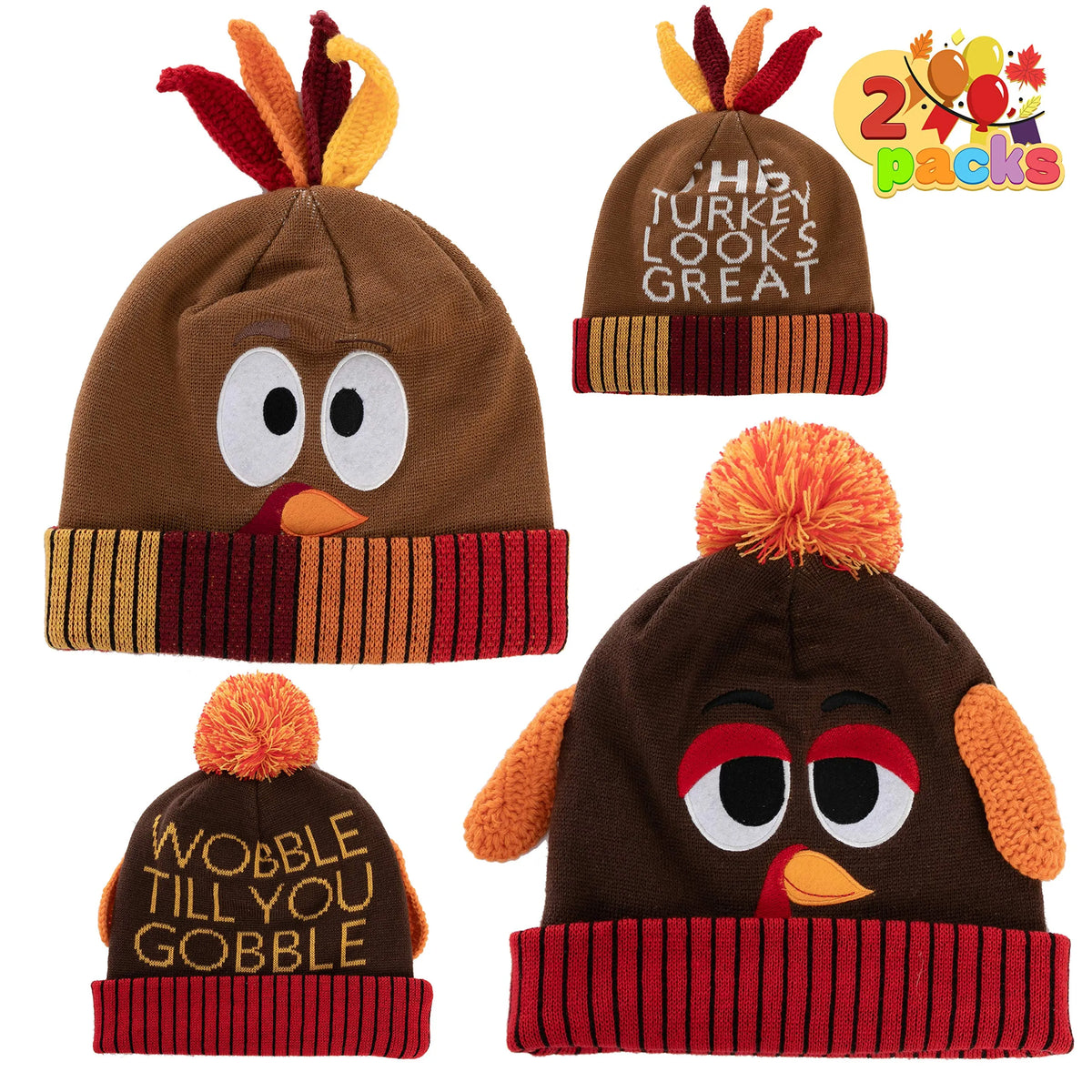 Thanksgiving Pom Pom Beanie Hats (Set of 2)