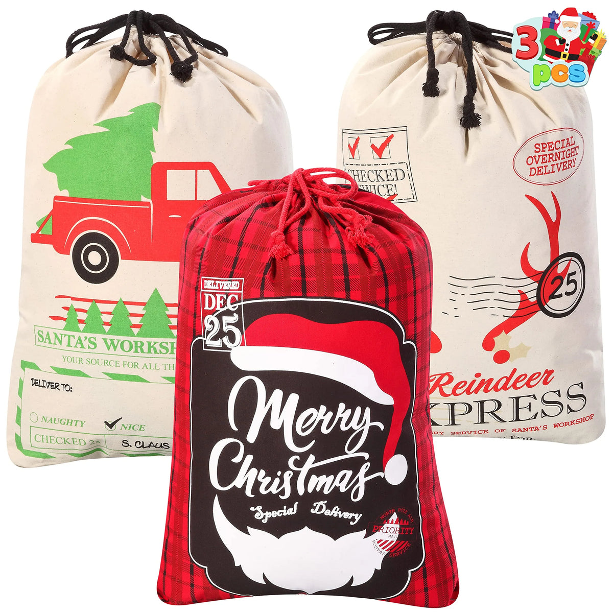 Christmas Canvas Burlap Gift Bags (3-Pack)