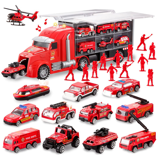 25-in-1 Fire Rescue Carrier Truck Toy Set with 12 Diecast Vehicles & 12 Figures