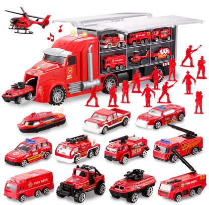 25-in-1 Fire Rescue Carrier Truck Toy Set with 12 Diecast Vehicles & 12 Figures