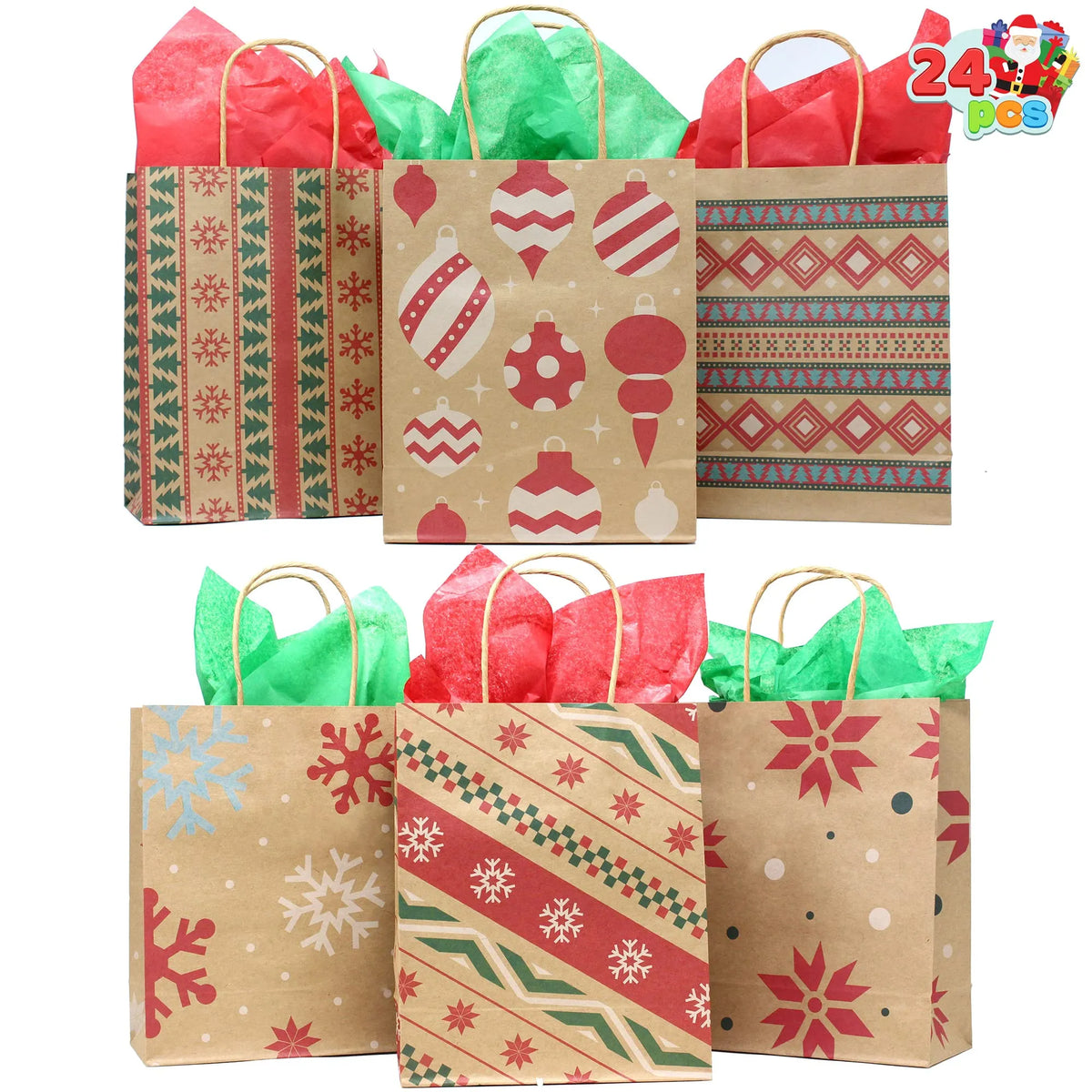 24-Pack Christmas Kraft Gift Bags with Assorted Holiday Prints
