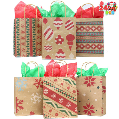 24-Pack Christmas Kraft Gift Bags with Assorted Holiday Prints