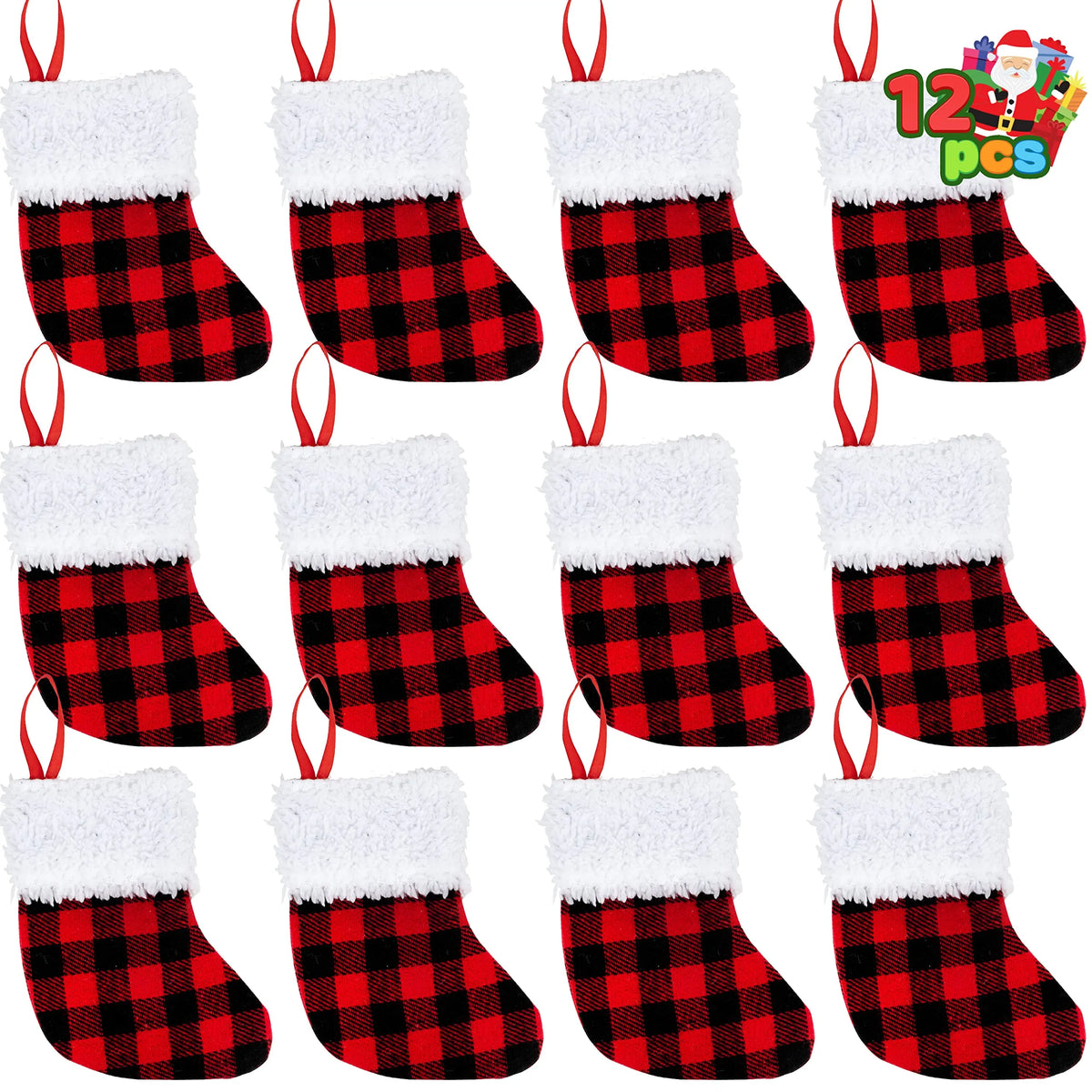 5-Inch Red and Black Buffalo Plaid Christmas Stockings, 12-Pack