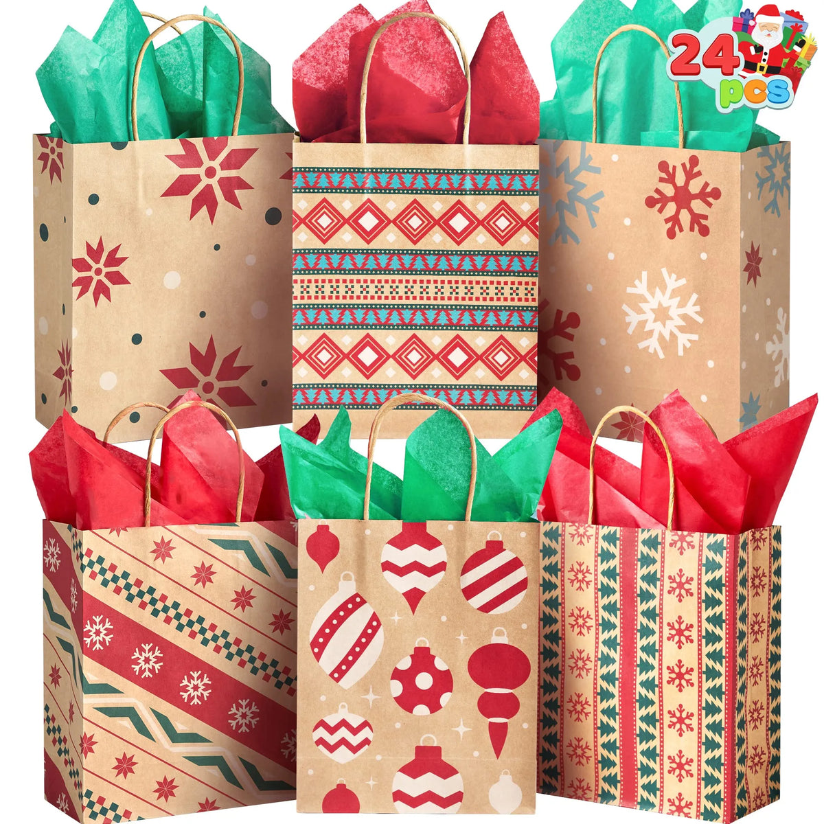 Kraft Holiday Gift Bags, 7.25 Inches, 24 Pack