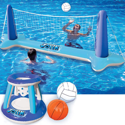 SLOOSH Inflatable Pool Float Set with Volleyball Net and Basketball Hoops, Blue