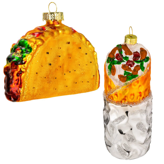 Christmas Glass Blown Ornament: Taco and Burrito Set