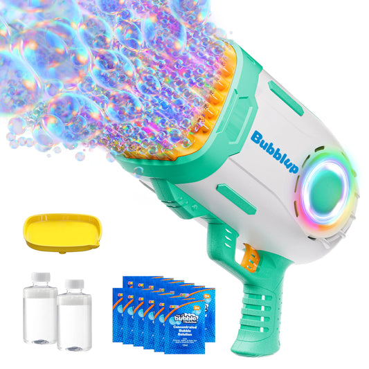 Play-Act 69-Hole Bubble Machine Gun Toy, Bazooka Rocket Shape Bubble Gun for Kids & Adults, Colored Lights Blaster Blower with Solution