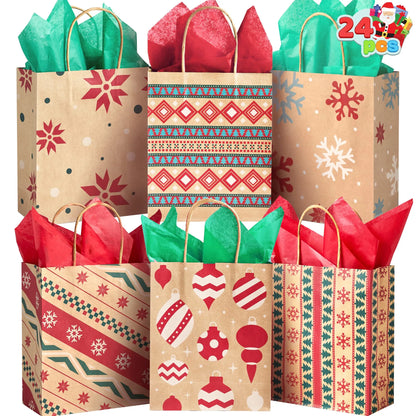 Kraft Holiday Gift Bags, 7.25 Inches, 24 Pack